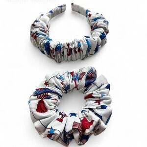 Patriotic Red and Blue Pattern Hair Scrunchies and Headband Set. Handmade.